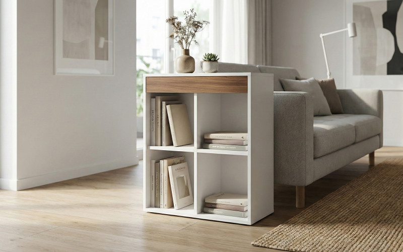 Bookcase Linis, white matt + dark Scandinavian oak  1