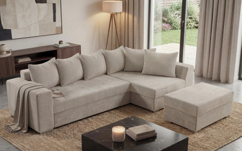 Extendable corner sofa + ottoman Londo, light beige  1