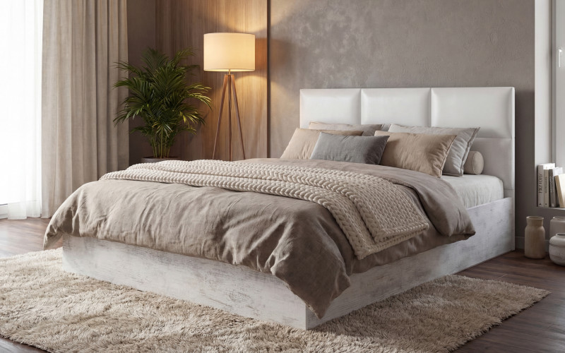 Upholstered double bed 140/200 Magdalena + mattress, Antique oak + white leather  1