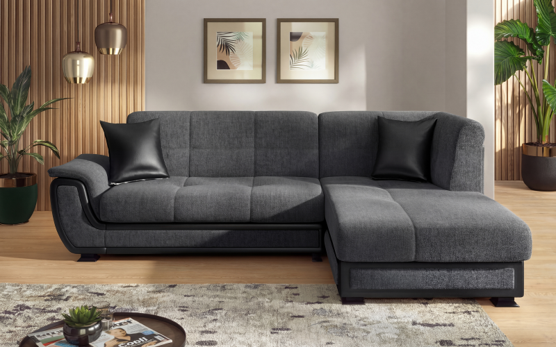 Extendable corner sofa + click-clack mechanism Princess II S, grey + black leather  1