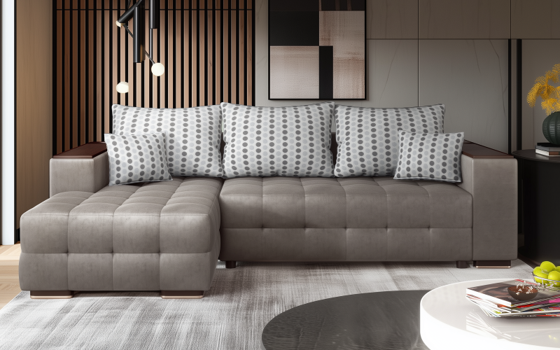 Extendable corner sofa with shelf armrest Melvin S, grey  1