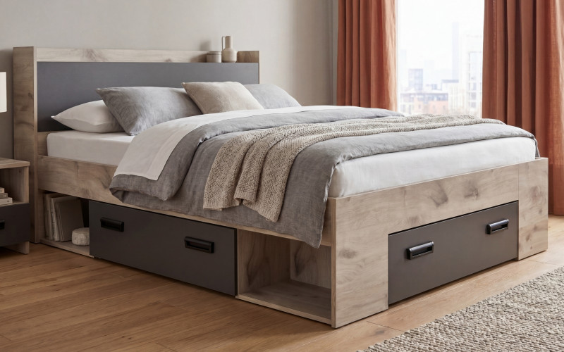 Double bed with storage chest 160/200 Mondy, light Scandinavian oak + anthracite matt  1