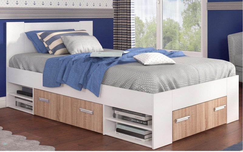 Double bed + drawers for mattress 120/200 Nemo, white gloss + Sonoma oak  1