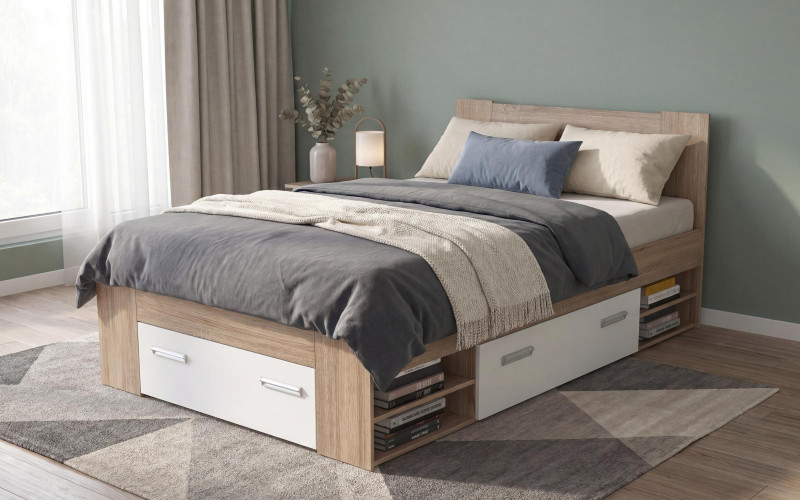 Bed 120/200 Nemo + mattress, Sonoma oak + white gloss  1
