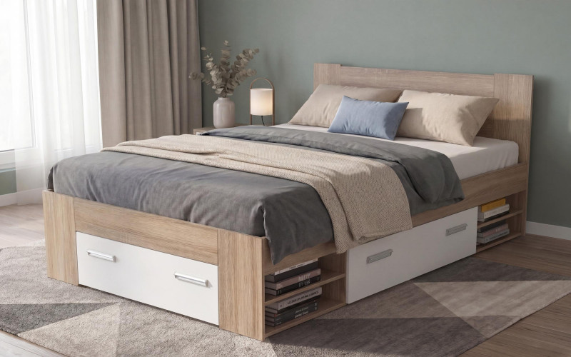 Double bed + drawers for mattress 160/200 Nemo, Sonoma oak + white  1