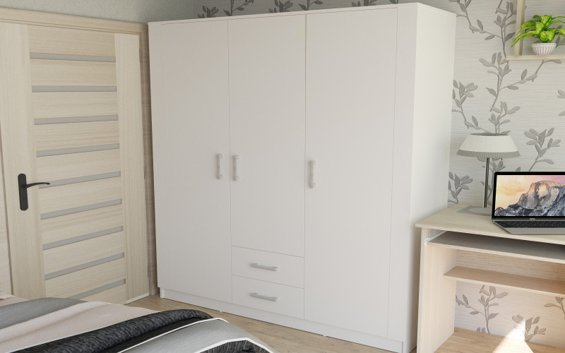 Three-winged wardrobe with drawers Olind A, white  1