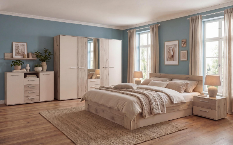 Bedroom furniture set for mattress 160/200 Christiana, light Scandinavian oak + pearl  1