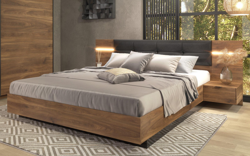 Double bed for mattress 160/200 + LED Alinor Sense, Cognac oak + black gloss  1