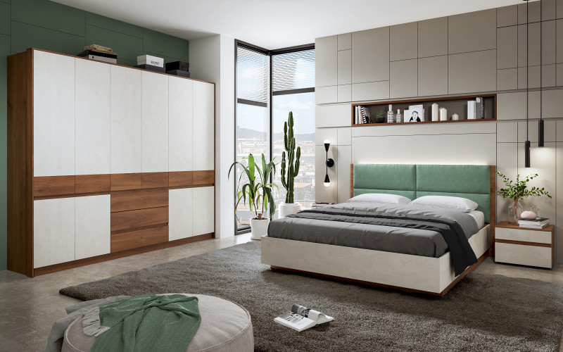 Bedroom furniture set for mattress 160/200 + LED Valenti, Cognac oak + Silk  1