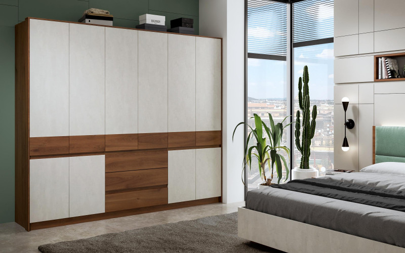 Multi-door wardrobe with drawers Valenti, Cognac oak + Silk  1