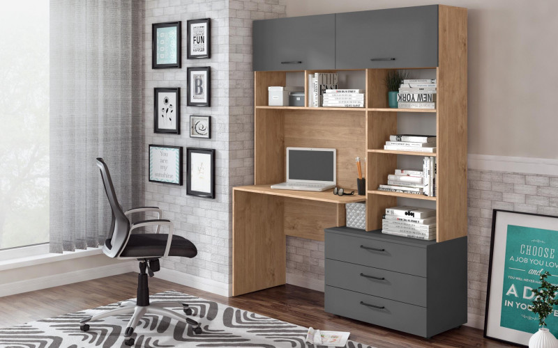 Shelf unit Diel + desk, Golden oak + anthracite matt  1