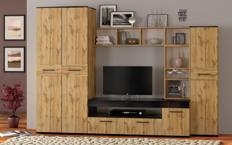 Shelf unit Mikena, Wotan oak + black gloss  1