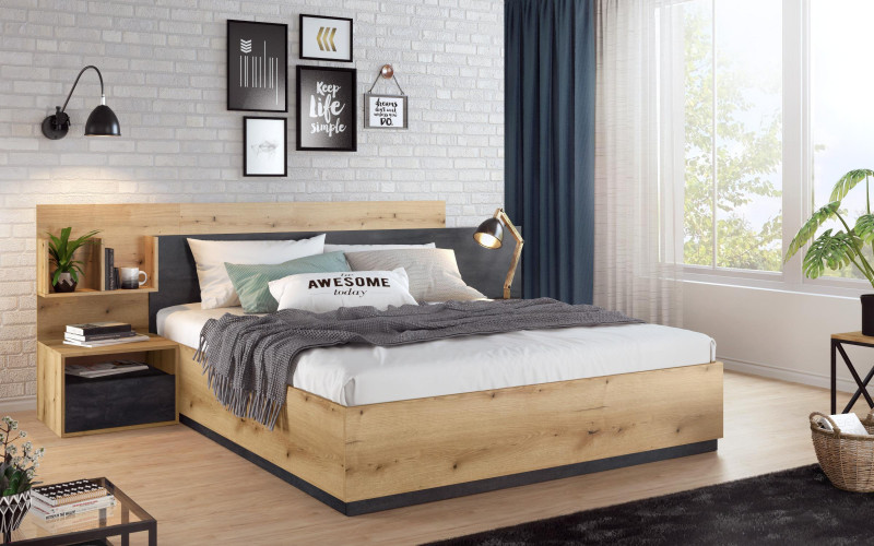 Double bed + 2 nightstands for mattress 160/200 Isola, Evoke oak + Magma  1