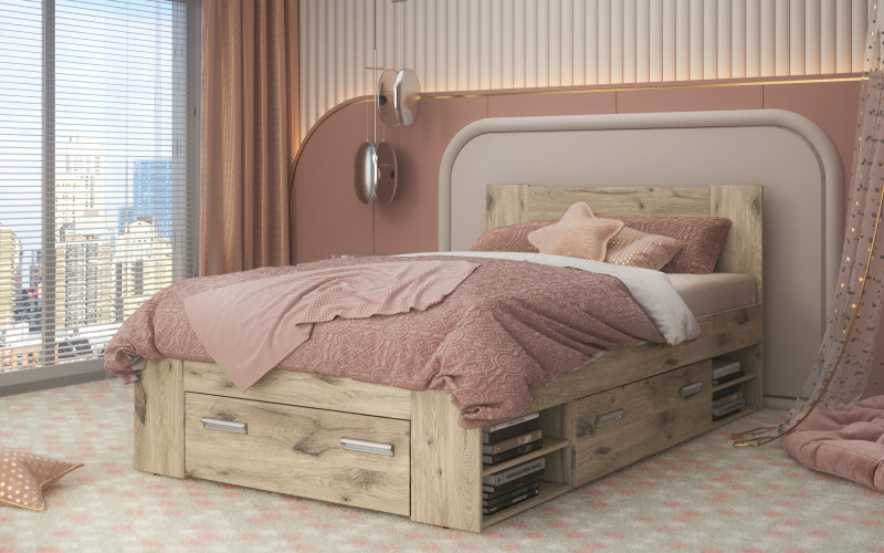 Bed Nemo + drawers for mattress 120/200, light Scandinavian oak  1