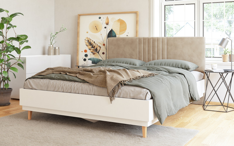 Upholstered double bed for mattress 160/200 Sense, white gloss + light beige  1