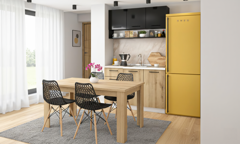 Set Kitchen Ferrero + table Donny + chair Emporo, black gloss + Evoke oak + black  1