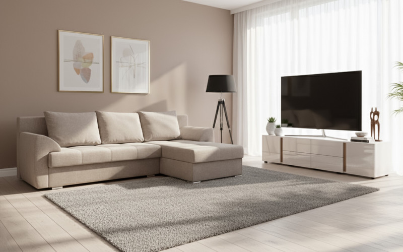 Set Extendable sofa Interio + TV module Omonia, beige + white gloss + Sonoma oak  1