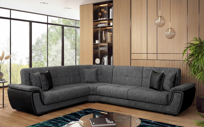 Living room corner Princess, grey + black leather  1