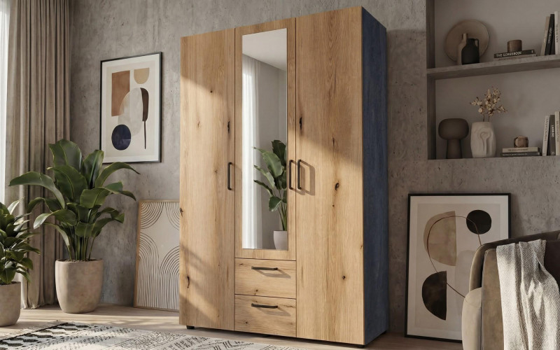 Three-winged wardrobe with drawers, mirror and clothes rod Bruno M 1, Magma + Evoke oak  1