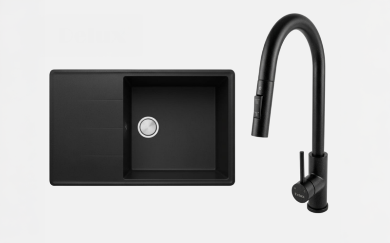 Sink with mixer tap Delux-L, black  1