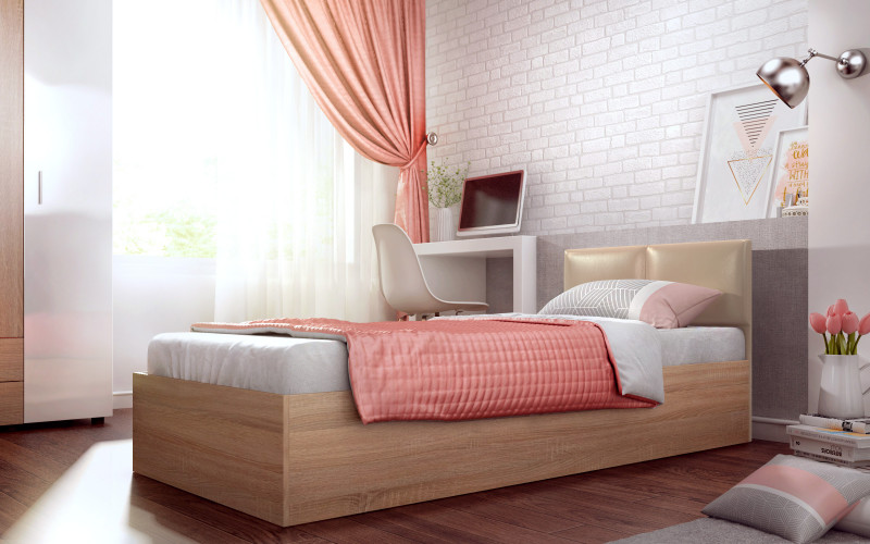 Bed for mattress 90/200 Magdalena, Sonoma oak + beige leather  1