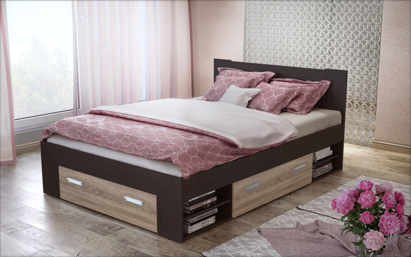 Double bed + drawers for mattress 140/200 Nemo, Wenge + Sonoma oak  1