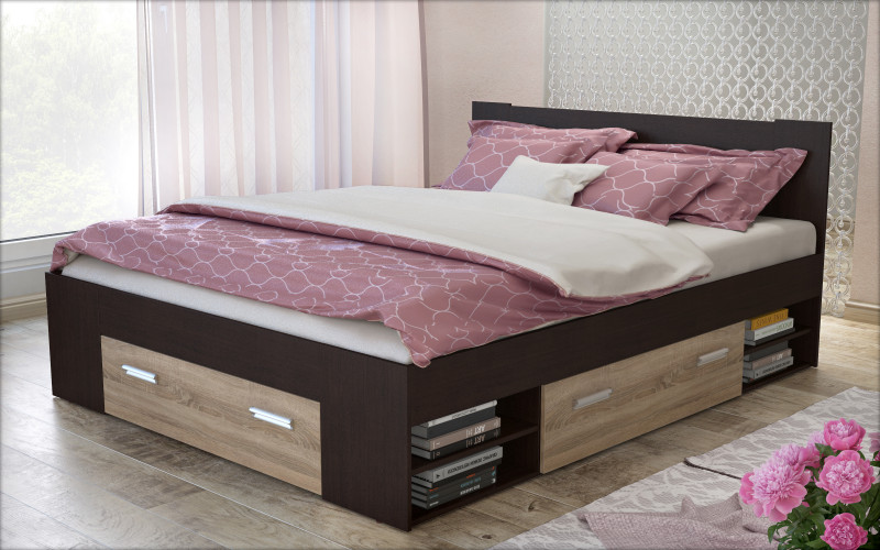 Double bed + drawers for mattress 160/200 Nemo, Wenge + Sonoma oak  1