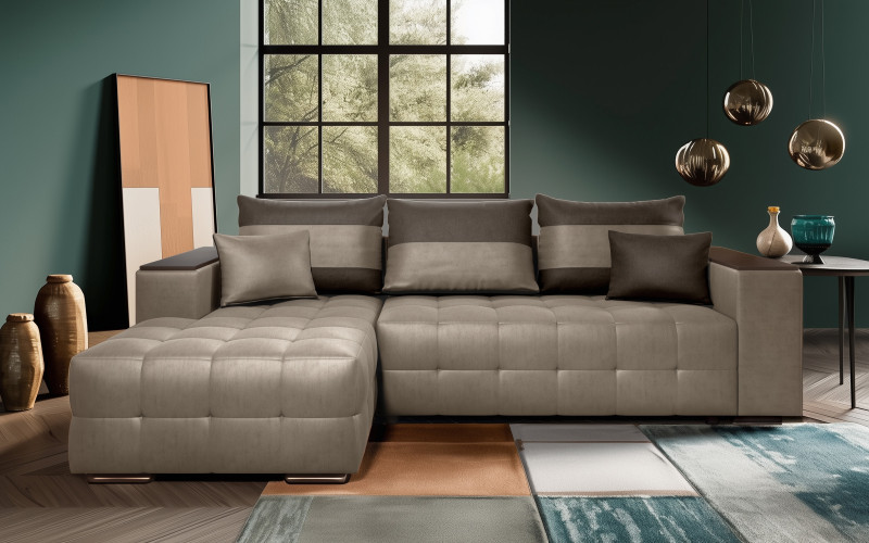 Extendable corner sofa with shelf armrest Melvin S, dark beige + dark brown  1