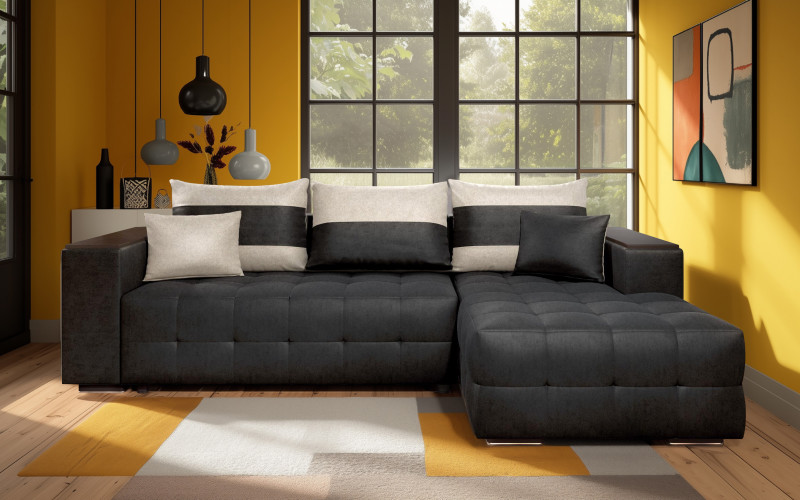 Extendable corner sofa with shelf armrest Melvin S, black + light beige  1