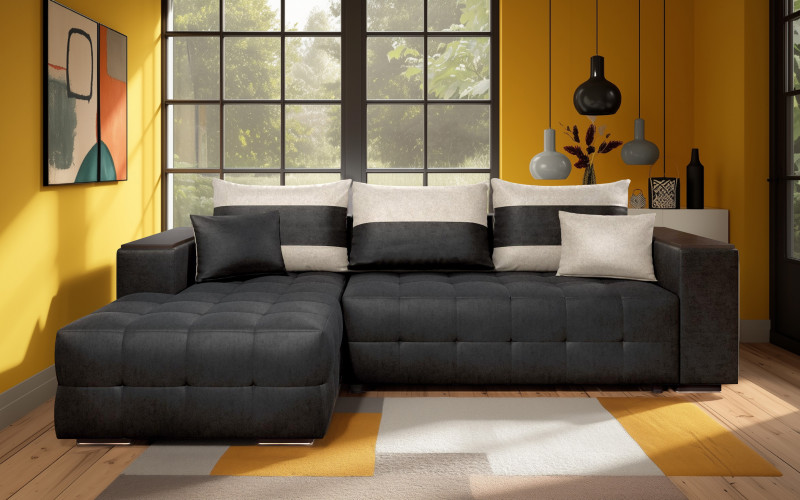 Extendable corner sofa with shelf armrest Melvin S, black + light beige  1
