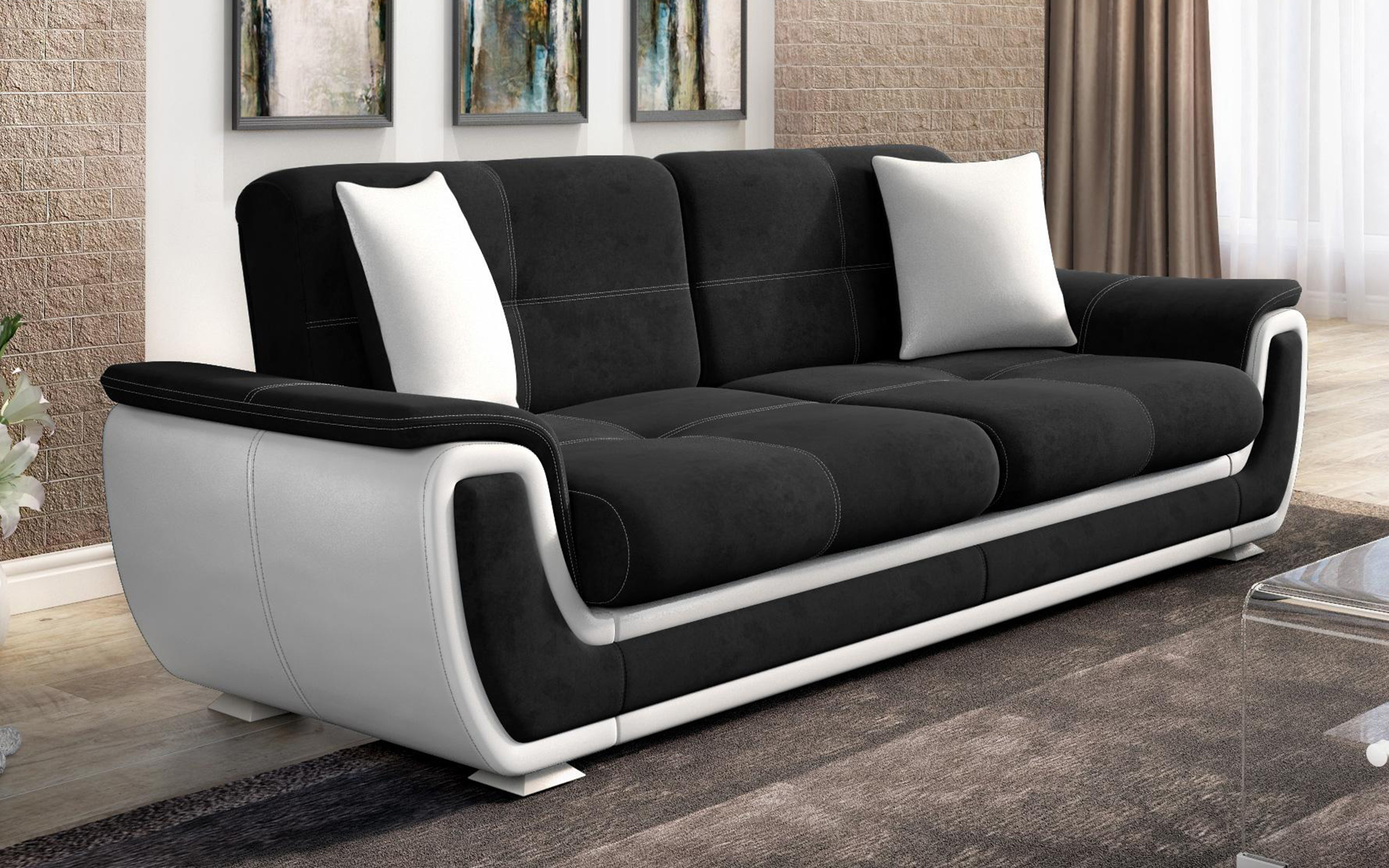 Extendable click-clack sofa Princess ΙΙ, black + white leather  3