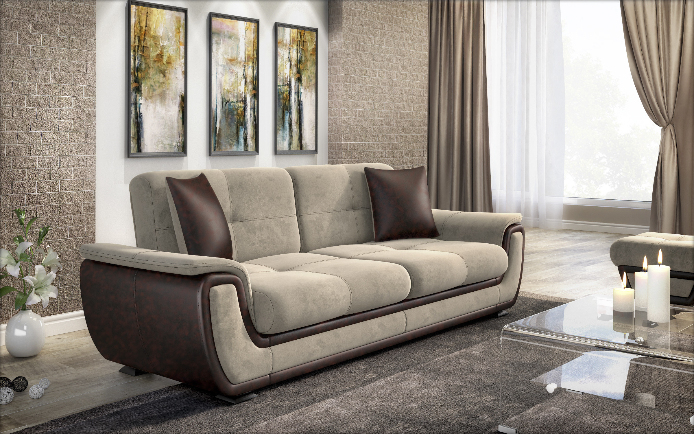 Extendable click-clack sofa Princess ΙΙ, light beige + brown leather  3