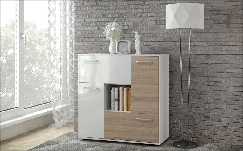 Living room cabinet Siko, Sonoma oak + white gloss  1