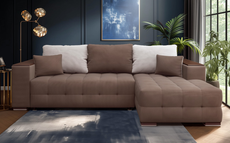 Extendable corner sofa with shelf armrest Melvin Spring S, brown + beige  1
