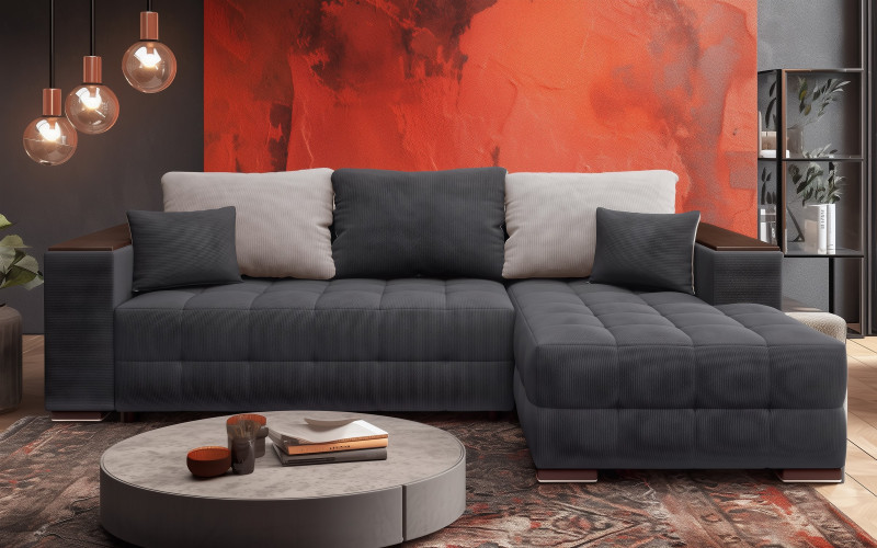 Extendable corner sofa with shelf armrest Melvin Spring S, graphite + light brown  1