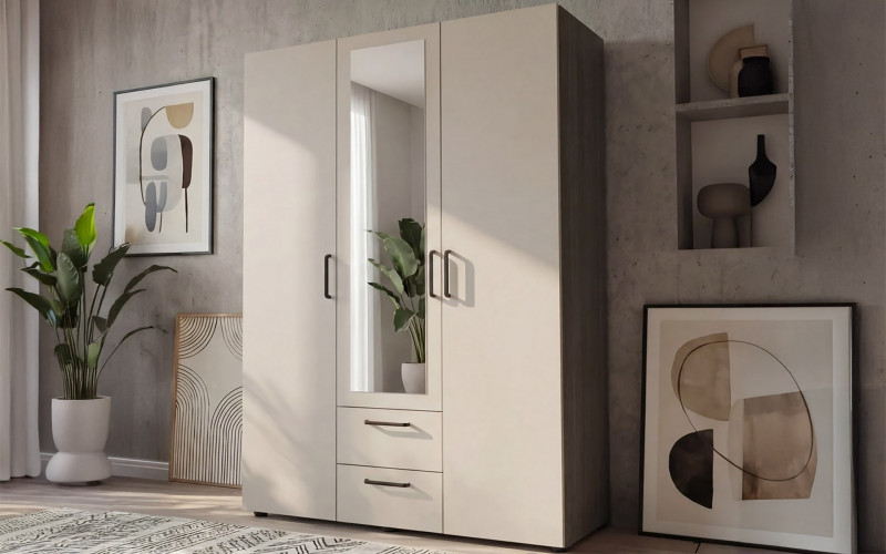 Three-winged wardrobe with drawers, mirror and clothes rod Bruno M 1, Anthracite oak + cashmere  1