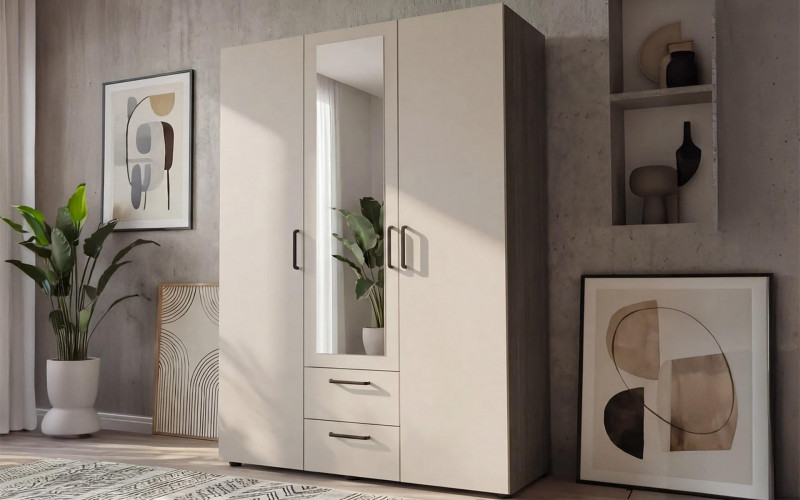 Wardrobe with clothes rod and shelves Bruno M 2, Anthracite oak + cashmere  1